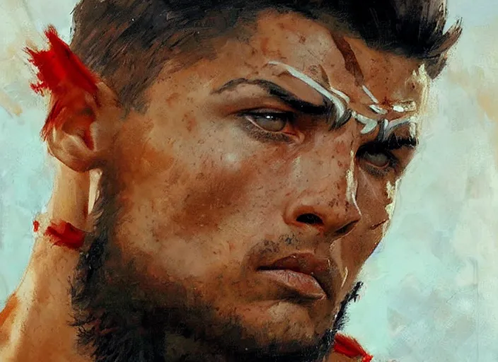 Prompt: a highly detailed beautiful portrait of cristiano ronaldo as kratos, by gregory manchess, james gurney, james jean