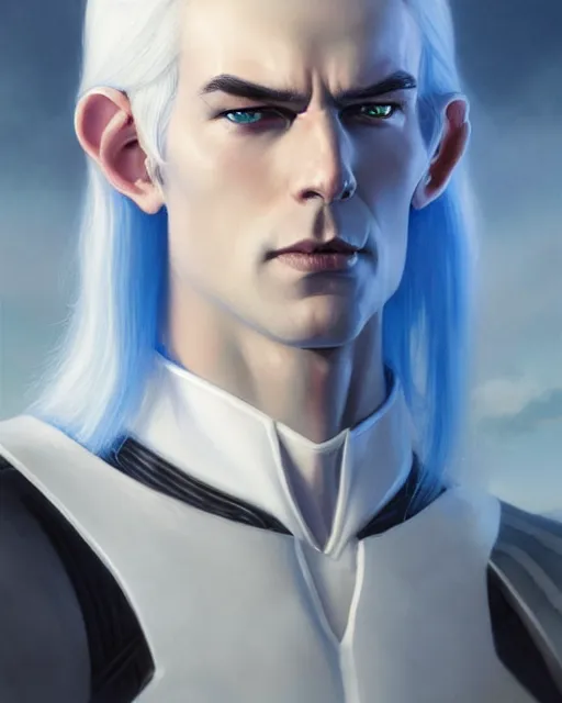 Image similar to character portrait of a slender young half elven man with white hair and piercing blue eyes and pale blue skin, wearing sleek pearlescent black armor, by greg rutkowski and mark brookes and jim burns and tom bagshaw and magali villeneuve, trending on artstation