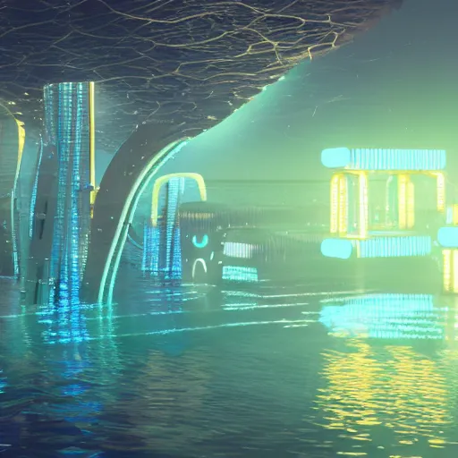 Image similar to bioluminescent city under water, futuristic, 3D render, teal and gold lights