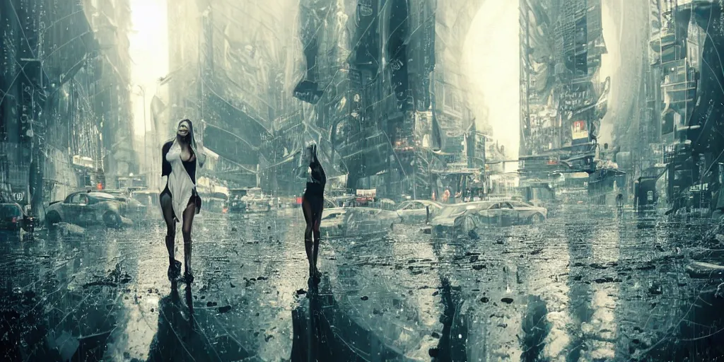 Prompt: ! dream 3 beautiful woman wearing white wet short sun dresses walking toward the camera in the wet cyberpunk streets of new york at sunset, police hover cars in the background, mud puddles, in the style of h. r. giger