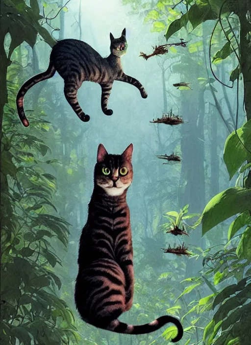 Image similar to a hyper realistic ink cat alien technology and sunbeams blue sky, lush forest foliage painting by chiara bautista and norman rockwell and greg rutkowski weta studio, and lucasfilm