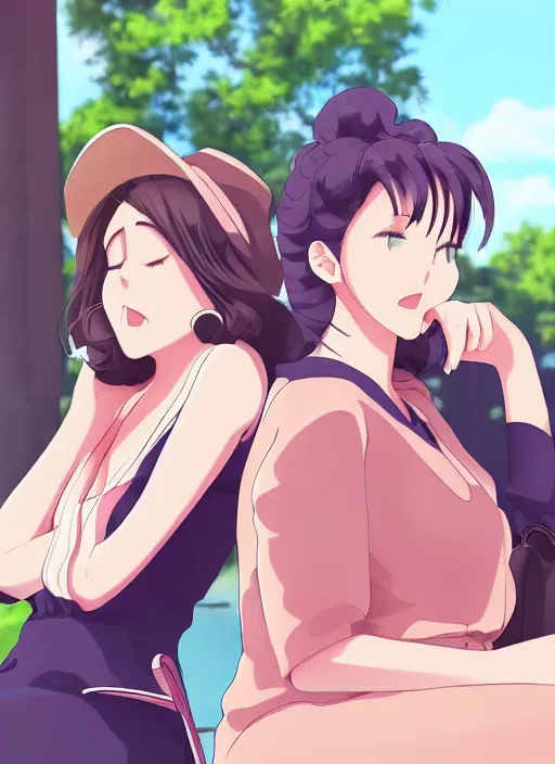 Image similar to two beautiful mature women waiting at a bus stop, summer clothes, gorgeous faces, thick lines, cinematic lighting, detailed anime art