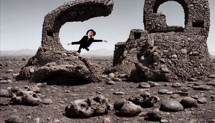 Image similar to levitating salvador dali dressed in jewels costume in a dry rocky desert landscape, alien city ruins designed by giger, giant abandoned alien city by christopher doyle and alejandro jodorowsky, anamorphic lens, kodakchrome, cinematic composition, very detailed photo, 8 k