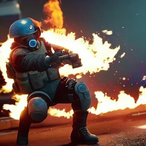 Prompt: Montagne from Rainbow Six Siege riding a hoverboard leaving behind a trail of flames and explosions
