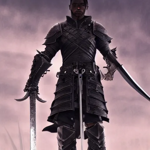 Prompt: black swordsman covered in black armor and carrying a two-meter sword, high detail, photorealism, concept art octane render, 8k, zoom