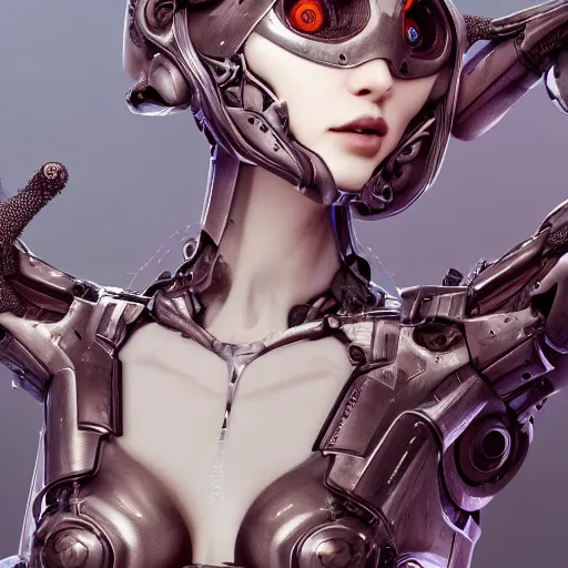 Image similar to beautiful eva elfie biomechanical goddess woman, chimeric organism, pale skin, organic polycarbon, full frontal portrait, ex machina, highly detailed, transhumanist, mendelbrot fractal, ray tracing, hyperdetailed, hyperrealistic, trending on artstation, oppai cyberpunk, octane render, hdr, uhd 4k