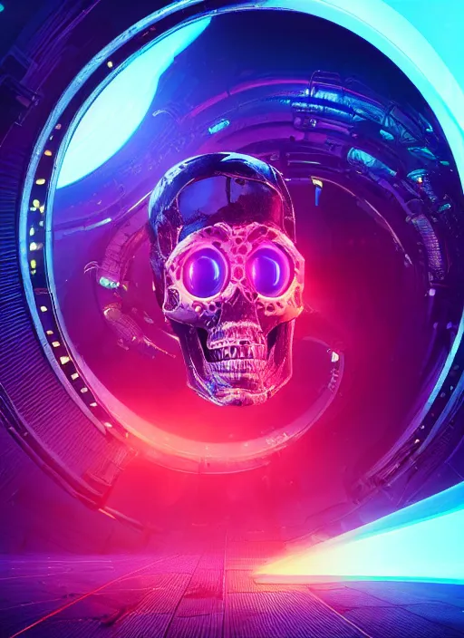 Prompt: a futuristic skull with glowing eyes and a wormhole tunnel, cyberpunk art by beeple, behance contest winner, computer art, darksynth, synthwave, rendered in cinema 4 d