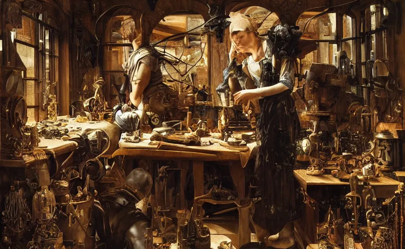 Prompt: the watchmaker's workshop, intricate, highly detailed, by edgar maxence and caravaggio and michael whelan and delacroix style, ambient lighting, photorealistic, extremely detailed, establishing shot, high resolution, dramatic lighting