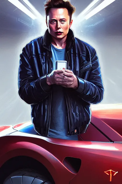 Image similar to elon musk as marty mcfly near cybertruck, realistic portrait, symmetrical, highly detailed, digital painting, artstation, concept art, smooth, sharp focus, illustration, cinematic lighting, art by artgerm and greg rutkowski and alphonse mucha