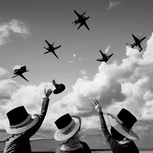 Prompt: 8 Flying hats, 8k UHD, Movie shot, black and white