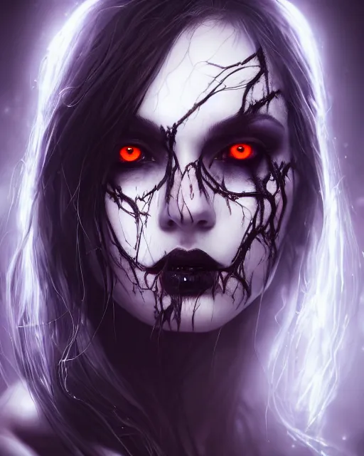 Image similar to dreamy portrait of a beautiful female personification of death with black veins and glowing eyes, ultra realistic, highly detailed, hd, sharp focus, cinematic lighting, mood lighting, realistic, photorealistic, vivid colors, painting, photograph, digital art, non blurry, sharp, artstation, concept art, smooth, illustration