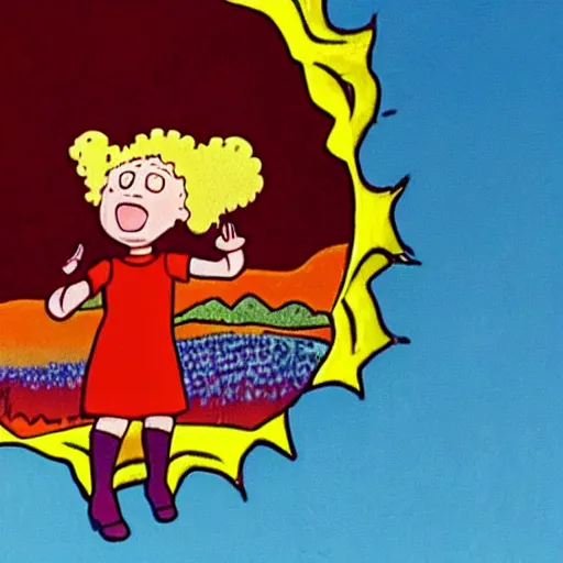 Image similar to screenshot of Ms. Frizzle accidentally ejecting a child into the sun, from The Magic School Bus (1994-1997), animated