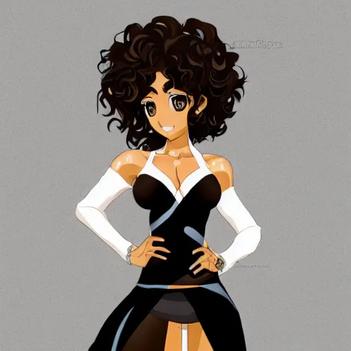 Image similar to A brown skinned woman with black curly hair as an anime character, highly detailed, anime