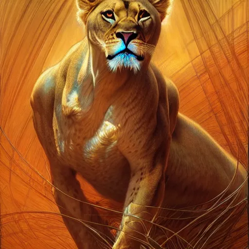 Prompt: highly detailed portrait of a majestic lioness queen in the form of a beautiful woman. d & d. art by donato giancola, george b. bridgman, ruan jia, alberto vargas. trending on artstation, intricate details, energetic composition, golden ratio, concept art, illustration, elegant art, global illuminaition