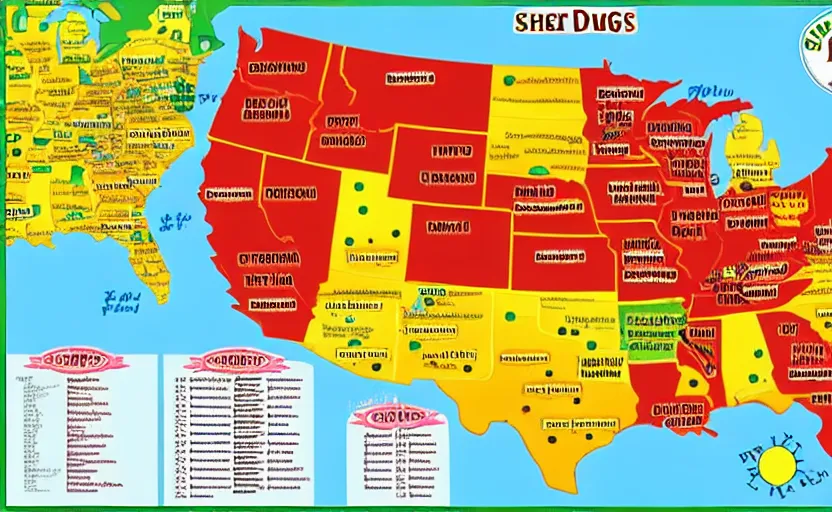 Image similar to hot dogs across america map, detailed, map key, tourist map, brochure