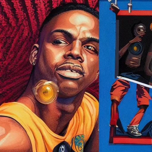 Image similar to detailed photorealistic pictures of 9 0 s hip hop cover album style from rapper two ballz called hustle on the buut in the style of bob peak and alex ross, gouache and wash paints color, detailed facial and body and human environments and background and foreground and small details and big details proportionate, detailed 5 k details, detailed string text.