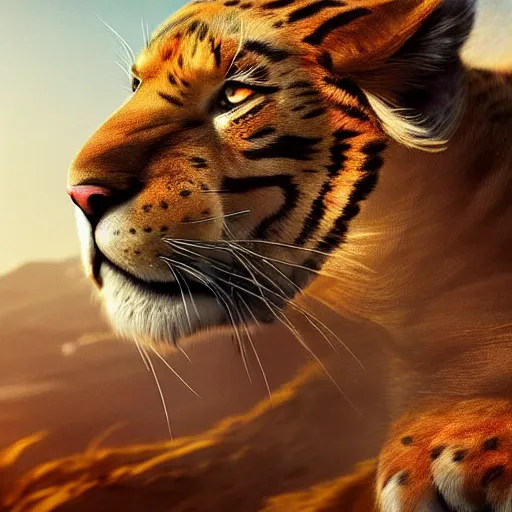 Image similar to mix of puma and jaguar and lion and tiger jumping over a cliff, giant cat monster, 8 k ultra realistic animal, detailed intricate fur, flame in the fur, full of colour, cinematic lighting, battered, trending on artstation, 4 k, hyperrealistic, focused, extreme details, unreal engine 5, cinematic, masterpiece, art by ayami kojima