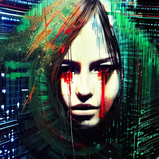 Image similar to hyperrealistic portrait of a mysterious cyberpunk woman with flowing hair, by Guy Denning, Johannes Itten, Russ Mills, glitch art, hacking effects, glitch effects, digital tech effects, cybernetics, detailed lines, holographic, chromatic, color blocking!, oil on canvas, octane, concept art, abstract, red face, 8k, trending on artstation