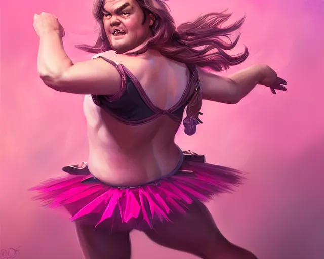 Image similar to photography of jack black dancing in a pink ballerina outfit, full body shot, deep focus, d & d and mtg, fantasy, intricate, elegant, highly detailed, digital painting, artstation, concept art, matte, sharp focus, illustration, hearthstone, art by ross tran