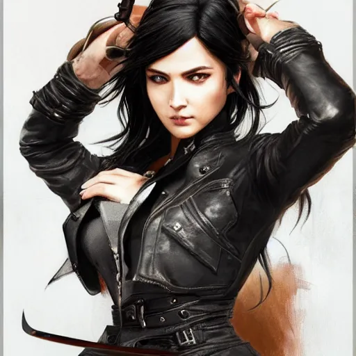 Image similar to an action photo of a black haired woman in a black leather jacket in a swordfight, muscular upper body, abs, d & d, fantasy, intricate, elegant, highly detailed, digital painting, artstation, concept art, smooth, sharp focus, illustration, art by artgerm and greg rutkowski and alphonse mucha