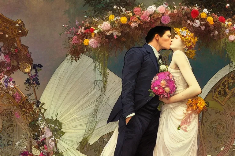 Image similar to the groom kisses the bride at a wedding full of flowers, bright and happy, dreamlike art, highly detail, 4 k realistic, wedding photoy krenz cushart. artem demura. alphonse mucha. yoji shinkawa artgerm. jon lothian. danilo torres. adi meyers. thomas reimann. gaston bussiere.