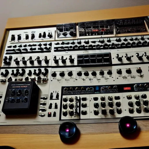 Prompt: modular analogue synthesizer filling a small room