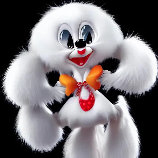 Image similar to in the style of animaniacs, anthropomorphic mink, female, white fur,