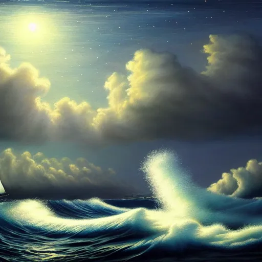 Prompt: a real photographic landscape painting with incomparable reality, super wide, ominous sky, sailing boat, wooden boat, lotus, huge waves, starry night, harry potter, volumetric lighting, clearing, realistic, art by james gurney, artstation - h 1 0 2 4