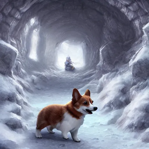 Prompt: adorable corgi puppy walking in a frozen cavern, inspired by world of warcraft, fantasy, hyperrealistic, extremely detailed digital illustration by greg rutkowski, trending on artstation