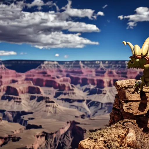 Image similar to candid photograph of a deathclaw roaming the grand canyon with a bright blue sky with many clouds in the background, 8 k, very detailed, very intricate,