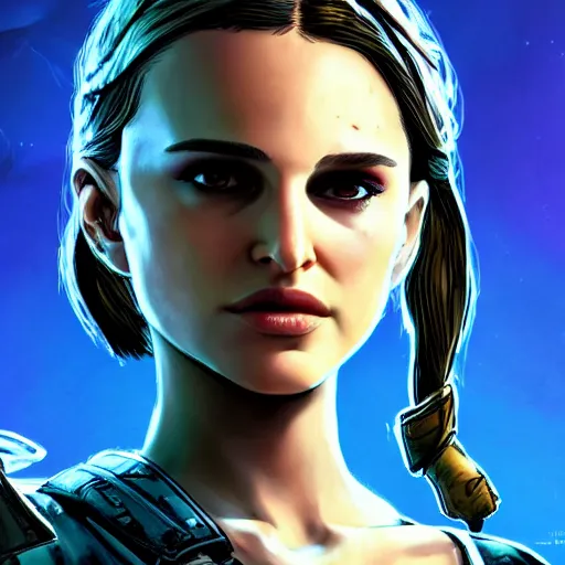 Image similar to young natalie portman portrait, borderlands, tales from the borderlands, the wolf among us, comic, cinematic lighting, studio quality, 8 k