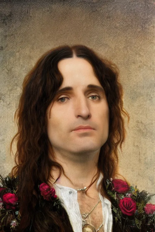 Image similar to pre-raphaelite Ozzy Osbournel with dark hair and roses in the background, blurred detail, phototaken with Nikon D750