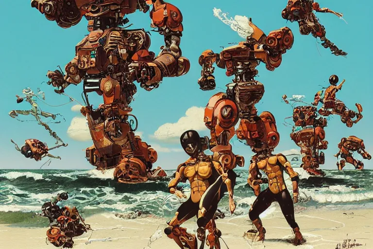 Prompt: full page illustration, cool surfing robots, by Katsuhiro Otomo, Geof Darrow, Phil hale, Ashley wood, Ilya repin, frank frazetta, 8k, hd, high resolution print