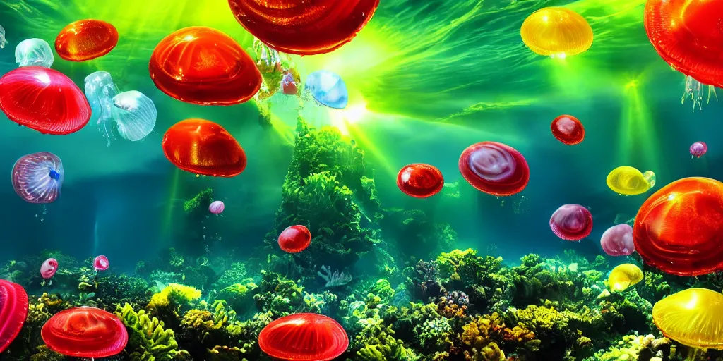 Prompt: full - length photorealism uhd professional photo underwater landscape with flying jellyfishes, green yellow and red colors, high detailed, upper volumetric lightning, 3 5 mm