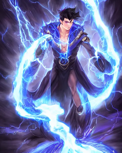 Prompt: male mage with black hair summons blue pillar of lightning from the sky, drawn by ross tran