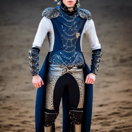 Image similar to low angle upper view of Austin Butler dressed in futuristic-baroque prussian blue duelist-garb and nanocarbon-vest and greaves, standing in an arena in Dune 2020, XF IQ4, f/1.4, ISO 200, 1/160s, 8K, RAW, unedited, symmetrical balance, face in-frame