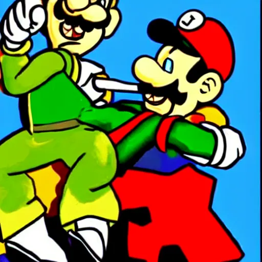 Prompt: Luigi strangling Mario with a garrote in the style of a Nintendo 64 game.