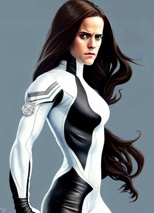 Image similar to full body portrait of marvel cinematic universe emmawatson as aaliyah haughton, x - men, emma frost, elegant, diamonds!! super hero, white outfit, diamond skin, highly detailed!! digital painting, artstation, glamor pose, concept art, sharp focus, illustration, art by artgerm and greg rutkowski, artey freytag