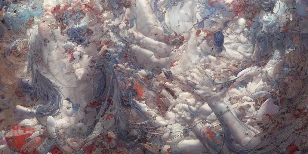 Image similar to monumental paiting soft light by james jean and katsuhiro otomo and yoshitaka amano, inspired by akira anime, smooth face feature, octane render, intricate oil painting, high detail illustration, sharp high detail, manga and anime 1 9 9 9