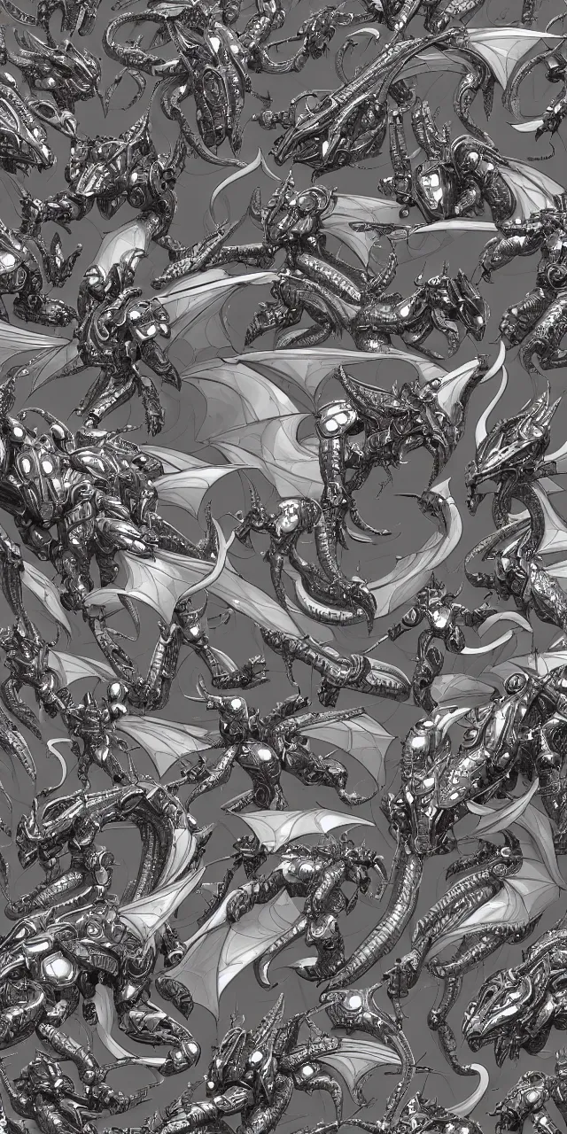 Image similar to a seamless pattern of giant galactic sized beautiful hot anthropomorphic robot mecha female dragons, detailed sleek silver armor, epic proportions, epic scale, symmetric, seamless pattern, tileable pattern, highly detailed digital art, futuristic, macro art, warframe fanart, destiny fanart, anthro, giantess, macro, furaffinity, deviantart, 8k 3D realism