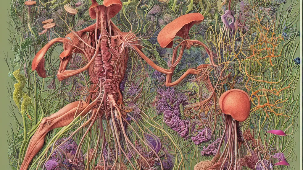 Image similar to highly detailed illustration human anatomy with all the known species of plants, flowers, corals, mushrooms and jellyfish by juan gatti, by moebius!, by oliver vernon