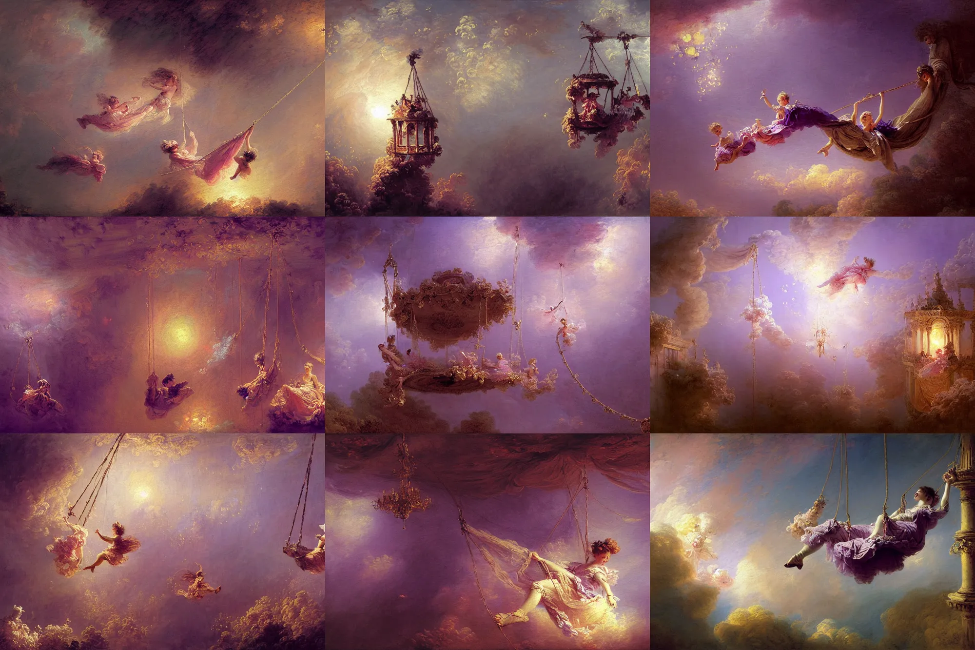 Prompt: swingsets in the sky, purple drapery, stoic, light dust, magnificent, hyperdetailed, theatrical, close up, masterpiece, painted by jean honore fragonard and greg rutkowski