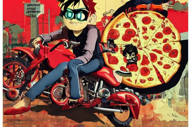 Prompt: italian pizza, akira's motorcycle, gorillaz, poster, high quality