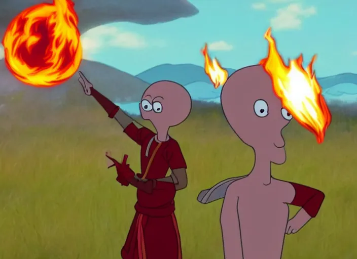 Image similar to squidward practicing firebending in an open field at susnset, screenshot from animated tv show'avatar : the last airbender'