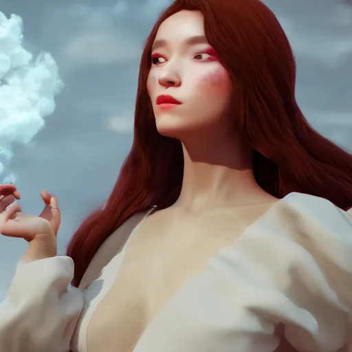 Image similar to beautiful girl in full gown blowing clouds, beautiful portrait, character concept style trending on artstation concept art detailed octane render cinematic photo - realistic 8 k high detailed