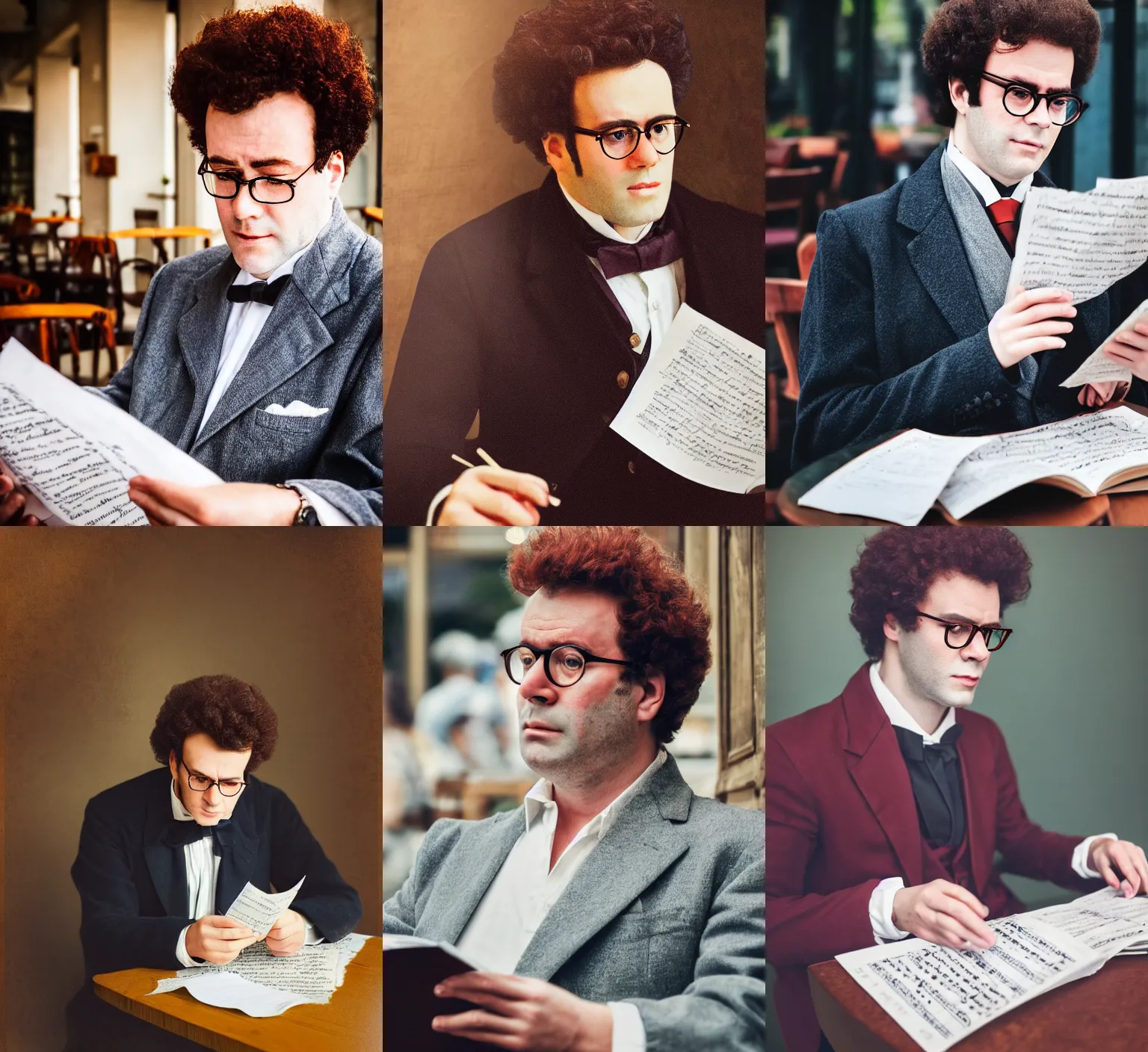 Prompt: professional fine detailed photo portrait of a man resembling franz schubert sitting at the cafe and reading musical sheet, franz schubert look alike, rich colors, professional iphone photo, 4 k photo, instagram, realistic photo, detailed photo, very beautiful photo