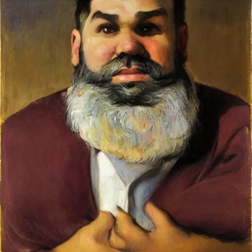 Image similar to portrait of a chubby bearded multi-ethnic young man, collared shirt, graying hair, glowing with silver light, painting by Franz Marc, by Jean-Léon Gérôme, by Winsor McCay, today's featured photograph, 16K