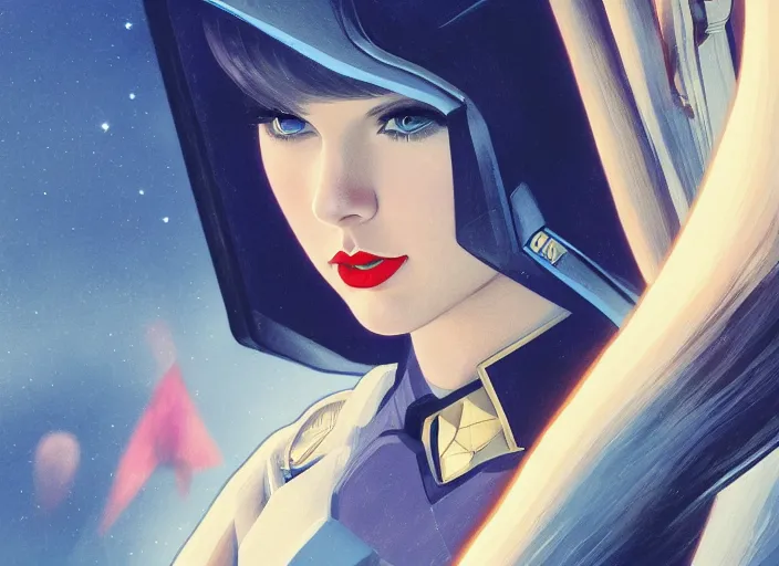 Image similar to a disney film still of taylor swift as a star trek officer, finely detailed features, closeup of the face, perfect art, dusk, blue hour, gapmoe yandere grimdark, trending on pixiv fanbox, painted by greg rutkowski, makoto shinkai, takashi takeuchi, alphonse mucha, akihiko yoshida