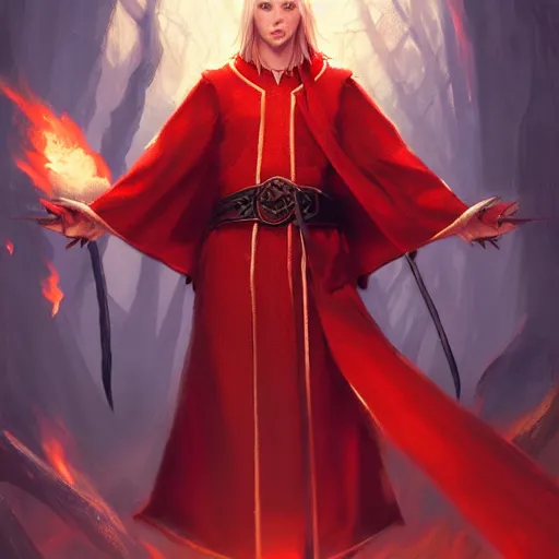 Image similar to middle adged blonde male elf wizard in red robes, surrounded by fire, epic wallpaper, high fantasy, trees, intricate detail, digital painting, artstation, concept art, smooth, sharp focus, illustration, art by greg rutkowski and wlop and raymond swanland and ross tran