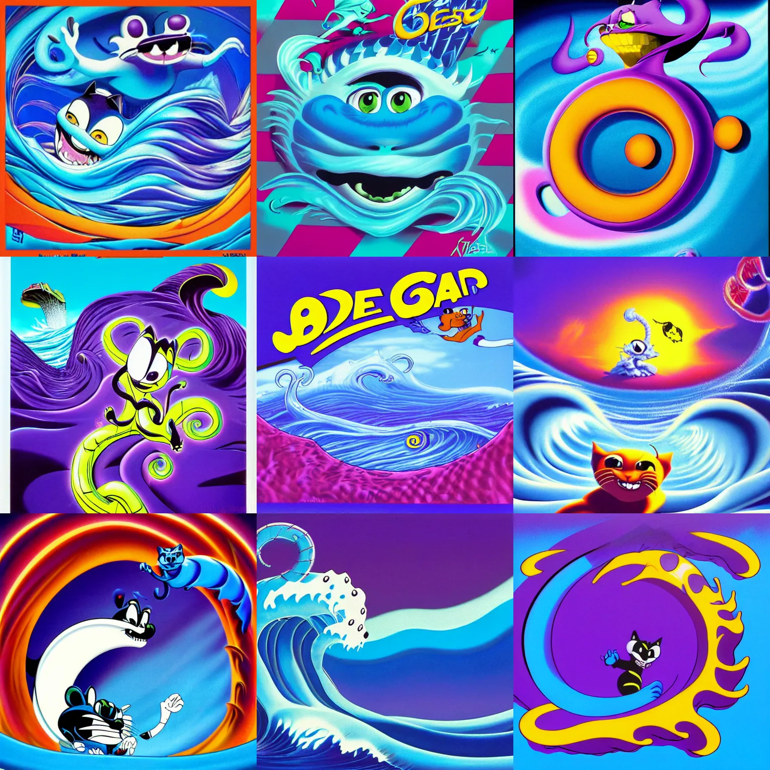 Prompt: surreal, sharp, detailed professional, high quality airbrush art album cover of a blue cresting ocean wave in the shape of felix the cat, purple checkerboard background, 1990s 1992 style of John Kricfalusi, Sega Genesis box art